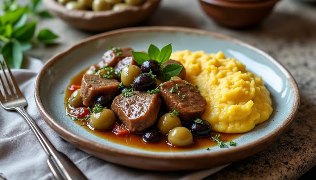 découvrez un sauté de veau corse mijoté aux olives, accompagné d’une polenta fondante : une recette généreuse aux saveurs du maquis.