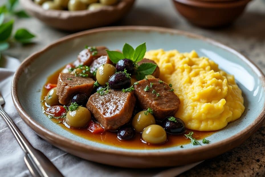 découvrez un sauté de veau corse mijoté aux olives, accompagné d’une polenta fondante : une recette généreuse aux saveurs du maquis.